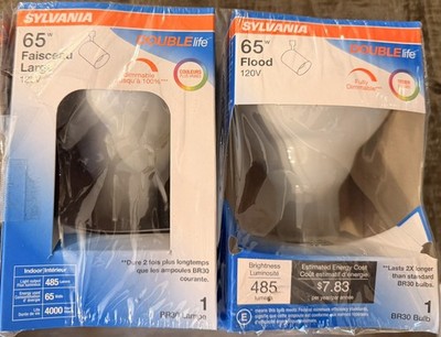 2 Pack Sylvania BR30 65 Watt Double Life Flood Light Bulbs NEW!