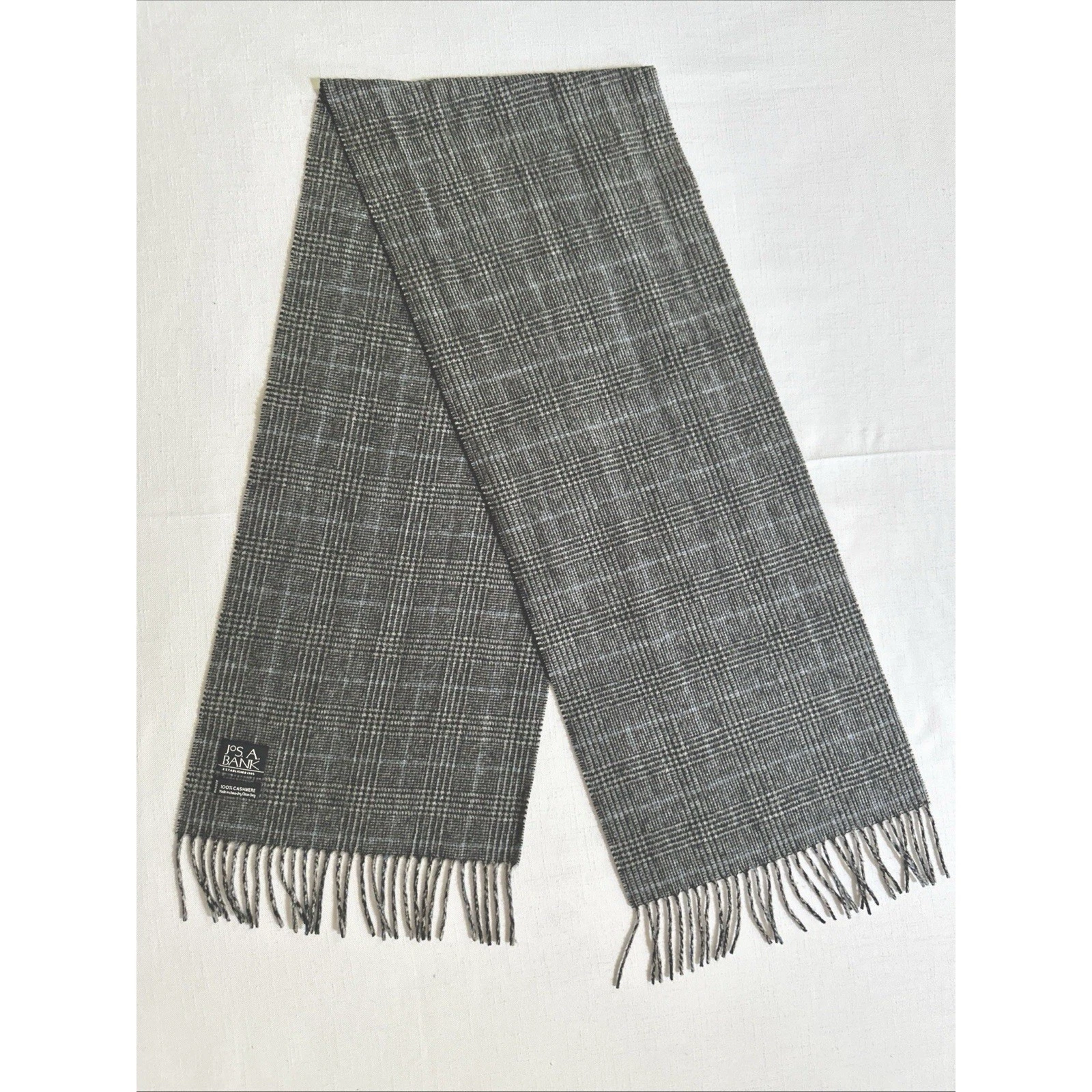 Jos A Bank 100% Cashmere Scarf Gray Glen Plaid Fringe Soft Mens Luxury