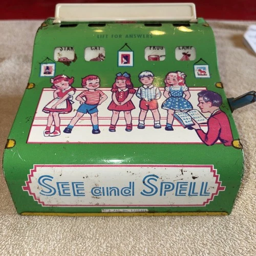 Vtg Wolverine Tin Toy See And Spell Educational 1950s Pictures Match Spelling