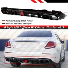 FOR 17-20 BENZ W213 E-CLASS B STYLE RED LED BUMPER DIFFUSER + BLACK EXHAUST TIPS