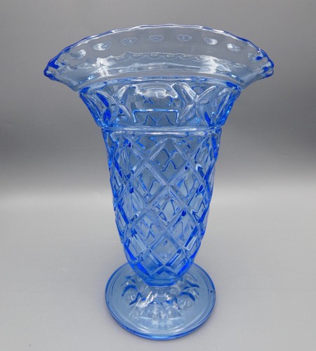 Art Deco Bristol Blue Glass Sowerby Pressed Glass Corset Fan Vase - 25cm (10") - Imagen 2 de 8
