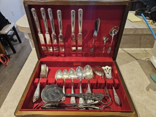 1847 Rogers Bros 50-Piece Silver Flatware Set: Service for 6: Wooden Box +extras