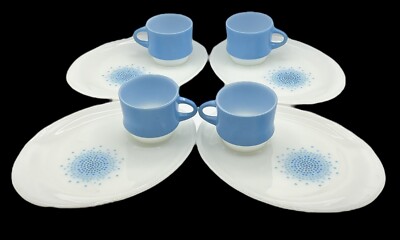 Set 8 Vintage Fire-King Glass Blue Mosaic Luncheon Plates w/ Cups Anchor Hocking