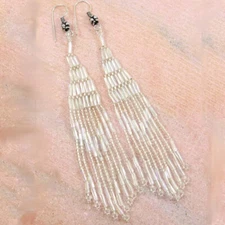 Handmade Beaded White Bugle Seed Bead Earrings