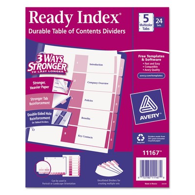 Avery Ready Index Customizable Table of Contents Asst Dividers 5-Tab Ltr 24 Sets