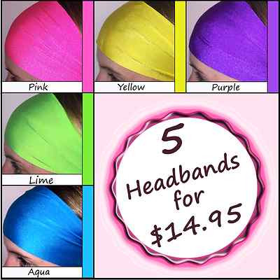 Neon Headbands Set of 5! Sports Workouts Bolder Brighter Colors Bands