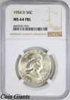 1954-D Franklin Half Dollar NGC MS 64 FBL Key Denver Mint Coin Silver BU 50c  !