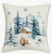 FOX Winter Cabin Trees Christmas Linen Throw Pillow Cover Holiday Home Decor 18  