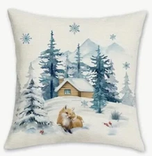 FOX Winter Cabin Trees Christmas Linen Throw Pillow Cover Holiday Home Decor 18”