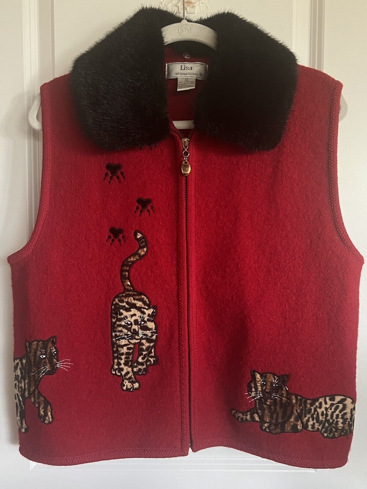 Lisa International Red Boiled Wool Vest Removable… - image 1
