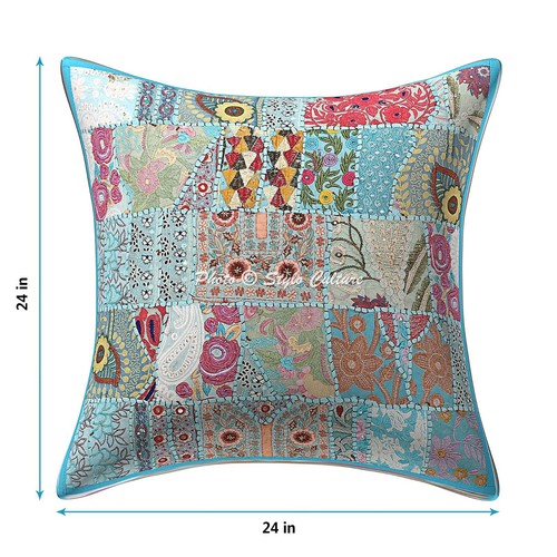 Indian Cushion Covers 60cm x 60cm Turquoise Patchwork Cotton Hippie Set