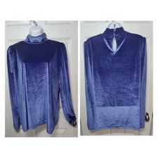 Ryegrass Blue Velour Mock Neck Pleated Long Sleeves Stretch Top Keyhole Back XL