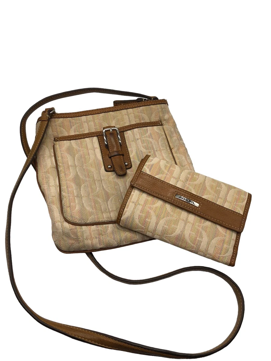 Fossil Crossbody Purse Bag Wallet Set Lot Matching Logo Spell Out Beige Cream