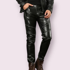 New Men's Black Double Zipper Gay Leather Pants Real Genuine COWHIDE Leather