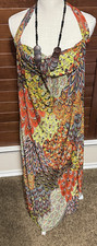Colorful maxi dress long stretchy sleeveless halter beaded neckline boho sz M