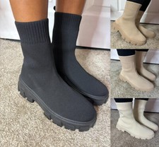 Women Sock Ankle Boots Ladies Winter Mid Calf Comfy Chunky Heel Shoes  