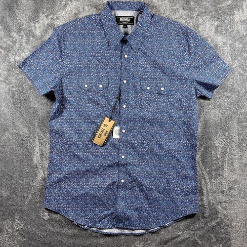 Rock & Roll Denim Shirt Men's XL Blue Floral AOP Short Sleeve Pearl Snap Western