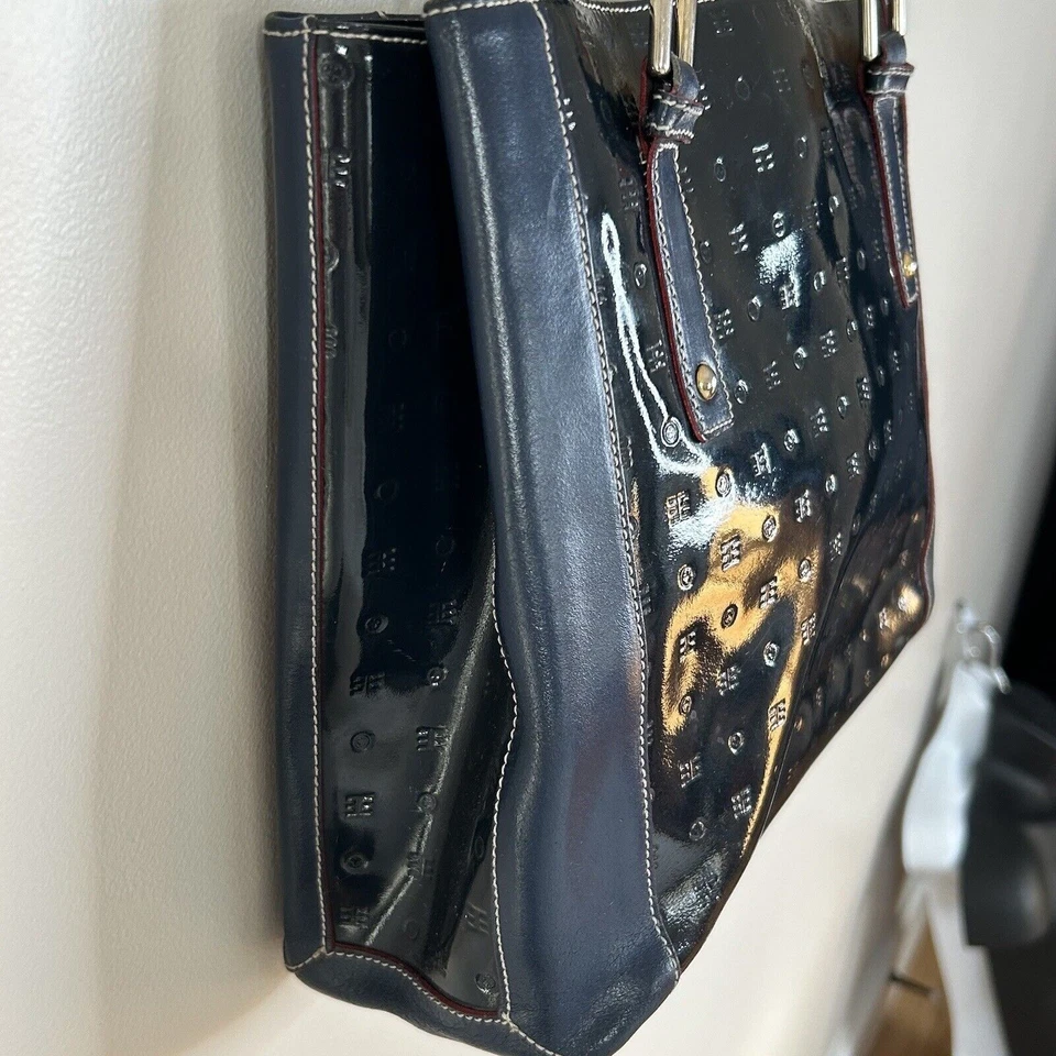 Arcadia Patent Leather Embossed Shoulder Bag Navy Blue Italy Double Handles - Image 4 of 4