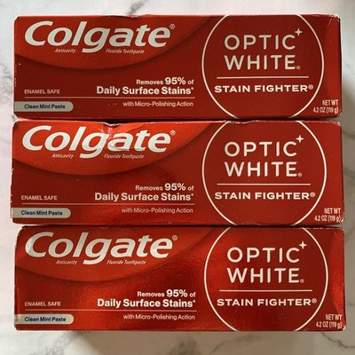3x Colgate Optic White Stain Fighter Toothpaste Clean Mint Paste 4.2oz Exp 6/26+
