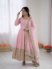 Beautiful Party Wear Pink Roman Silk Anarkali Gown With Dupatta For Women