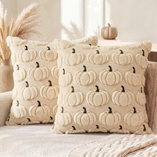 Beige Fall Pumpkin Throw Pillow Covers 18x18 Inch Soft Plush Faux Fur Set of 2
