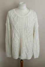 FAB TU Ivory Cream Mid Weight Cable Knit Jumper Plus Size 22 VGC Longer Back Hem