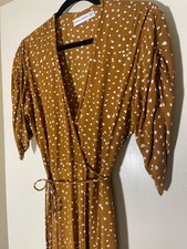Faithfull the Brand Leila Polka Dot Wrap Dress Brown with White Polka Dots