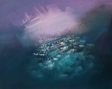 Original Surrealist mystical landscape painting, 10x8 in., acrylic on canvas.