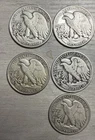 Lot of (5) Walking Liberty Half Dollars 90% Silver (3) 1942 (2) 1944 US Coins