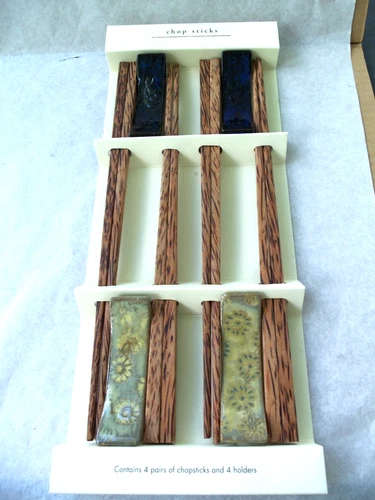 Pottery Barn Chopstick Set of 4 Chopsticks and 4 Holders!  GREEN BLUE DESIGNS!
