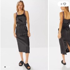 UO Urban Outfitters Gaya Contrast Stitch Midi Dress Black Satin Womens XS