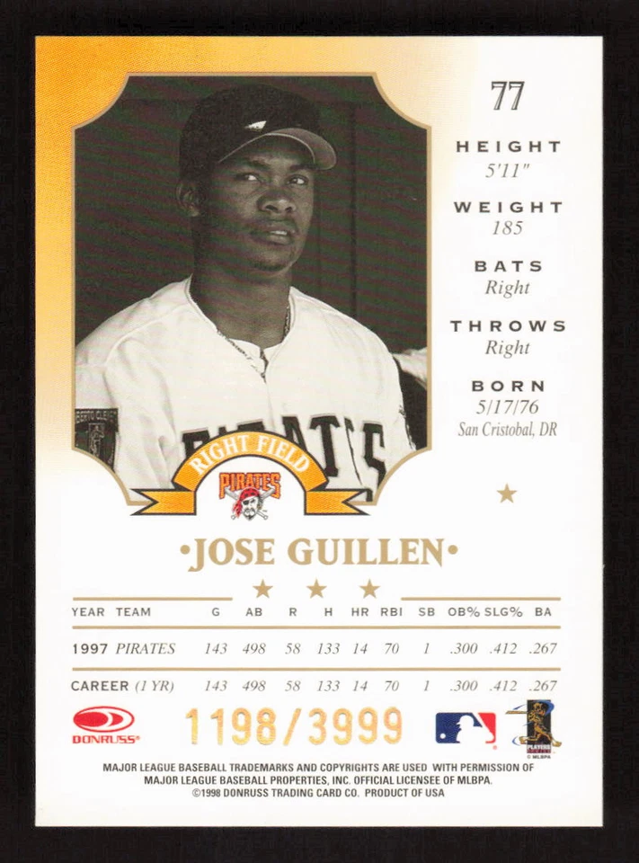 Jose Guillen 1998 Leaf Fractal Foundations #77 Pittsburgh Pirates /3999 - Image 2 of 2