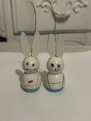 Vintage 2 Wooden Easter Bunny Rabbit Ornaments Hand Painted