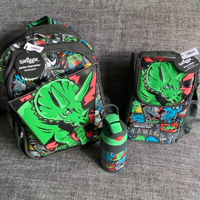 NEU   Smiggle Junior Happy Tales Dinosaurier Rucksack Tasche Brotzeitflasche Paket Set