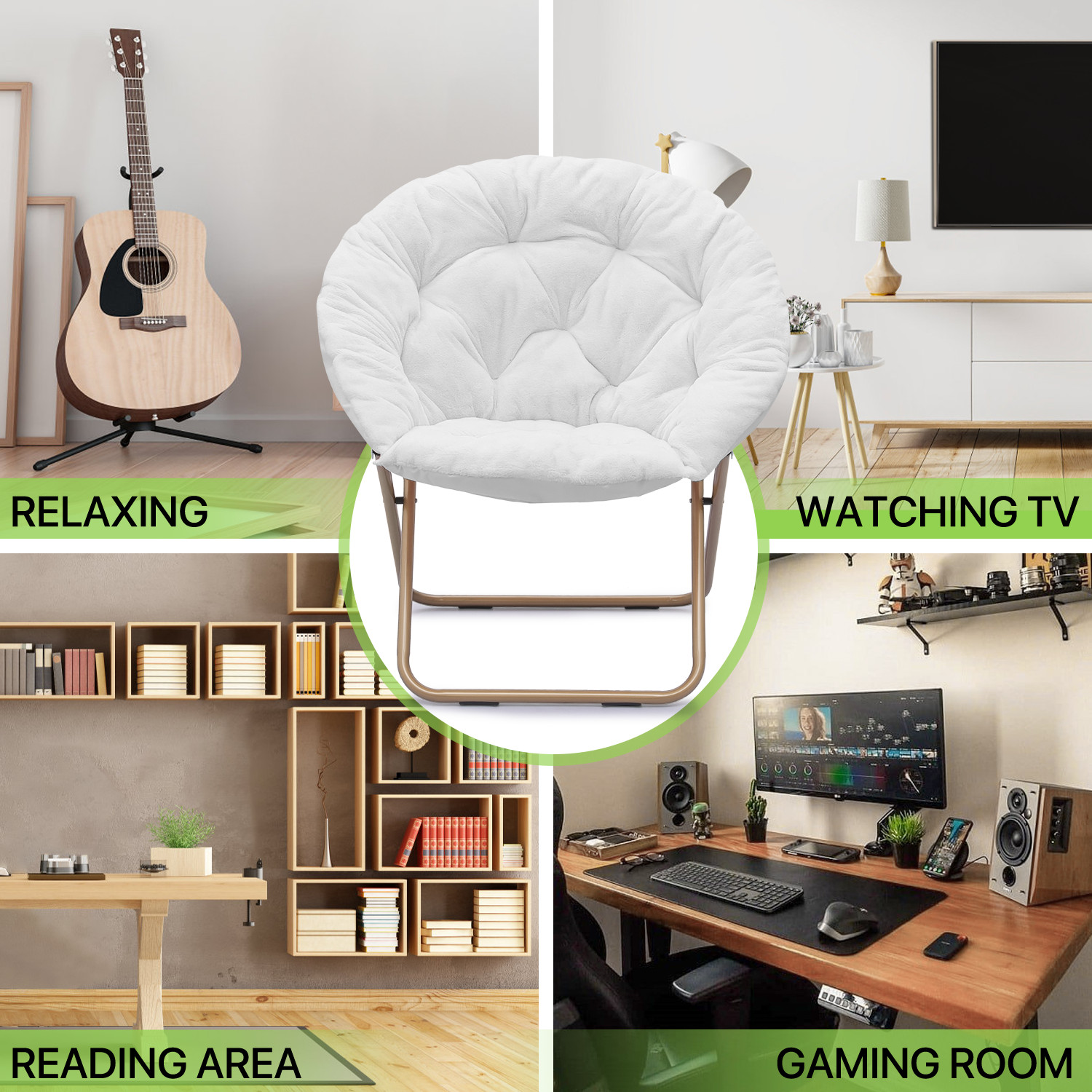Foldable Saucer Chair White Oversized Round Cozy Moon Lounge Chair w/Metal Frame