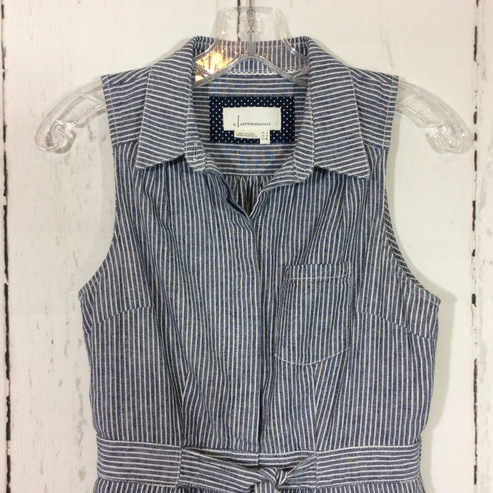Mameluco Anthropologie Azul Blanco Rayas Talla 0 Seersucker Mezcla de Lino Corbata Frontal Foto 2 de 4