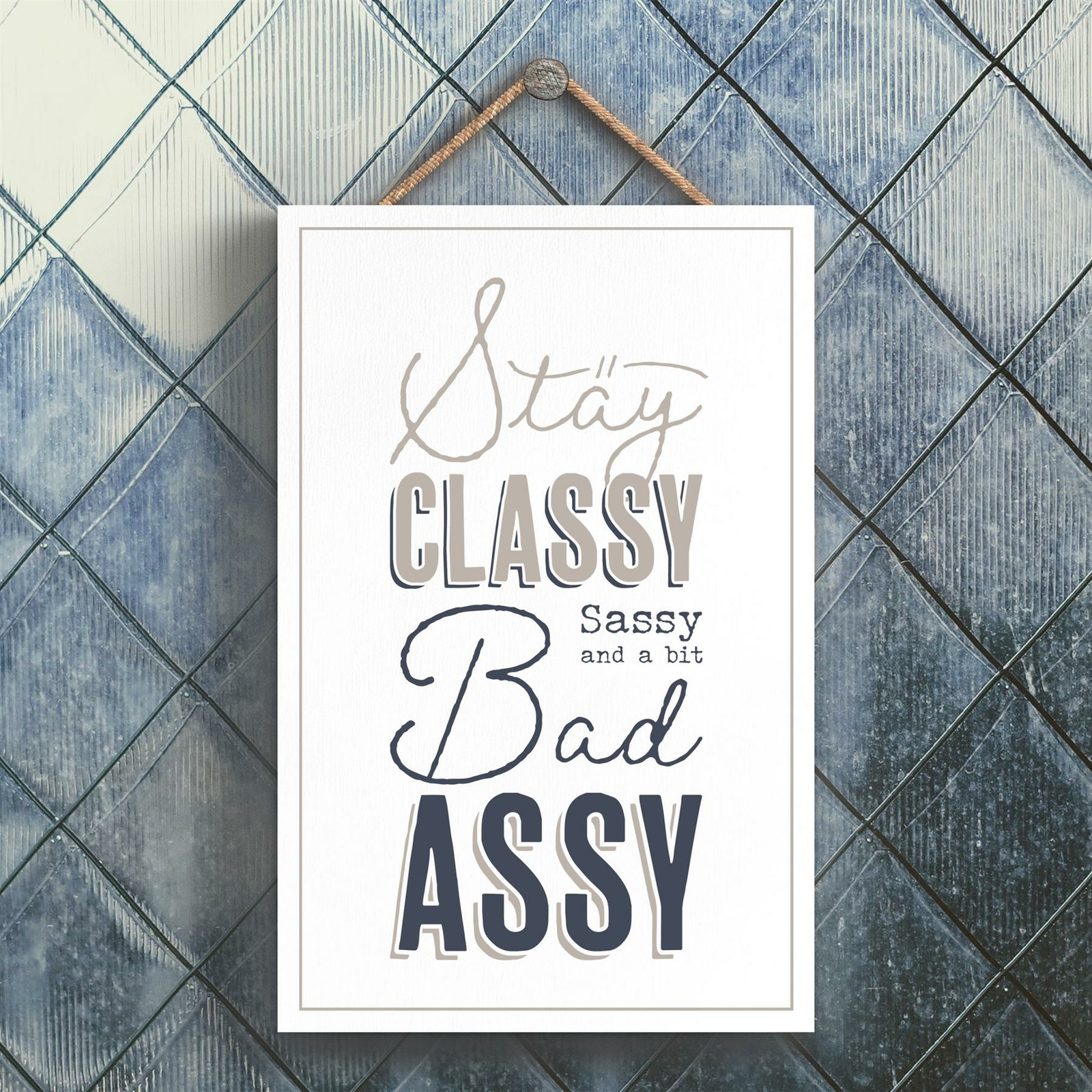 CLASSY SASSY BAD ASSY MODERN GREY TYPOGRAPHY HOME HUMOUR WOODEN HANGING PLAQUE