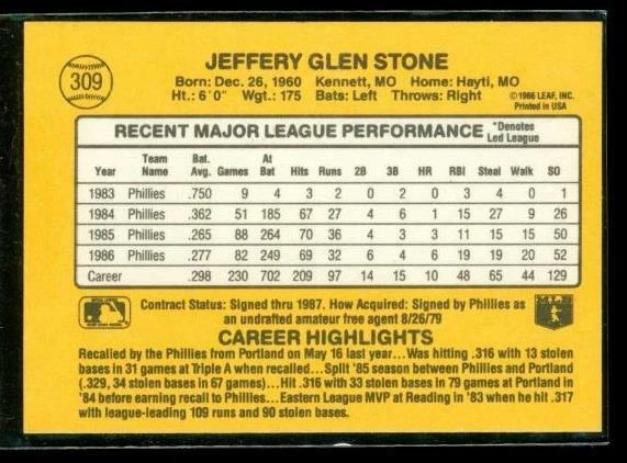 Vintage 1986 DONRUSS Baseball Trading Card #309 JEFF STONE Philadelphia Phillies - Image 2 of 2