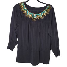 Bob Mackie Medium Wearable art Turquoise embroidered neck detail Blouse