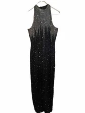 MARK & JOHN BY GOPAL 100% Silk Halter Beaded Sequined Evening Party Dress Size M