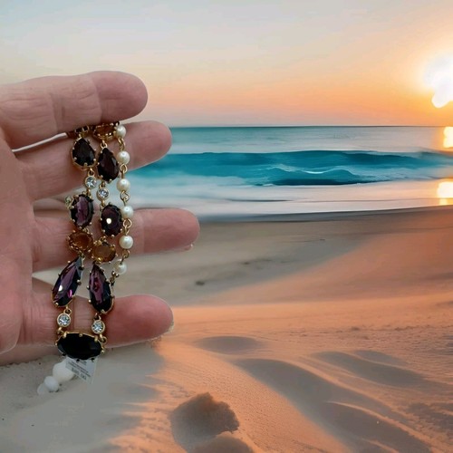 Vintage Carolee Necklace Purple Amethyst Glass Faux Pearl Citrine New With Tag - Bild 7 von 16