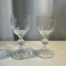 2 Bohemian Crystal Cascade Etched Cordials Clear Diamond Cut Ball Stem