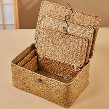 Set of 3 Handwoven Storage Baskets Natural Seagrass Rectangular Organizer w/ Lid