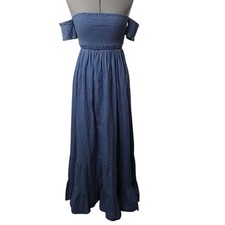 Venus Women’s Chambray Off Shoulder Smocked Tiered Maxi Dress Sz Small Boho Blue