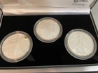 AMERICAN EAGLE 20th ANN. SILVER 3 COINS SET, PROOF, BURNISHED & REVERSE PROOF.
