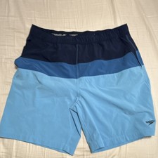 Speedo Men's Colorblock Swim Shorts Blue Navy Elastic Waist Drawstring Size L