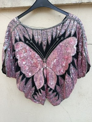 Paillettenshirt Seide Motiv Schmetterling schwarz rose zustand sehr gut