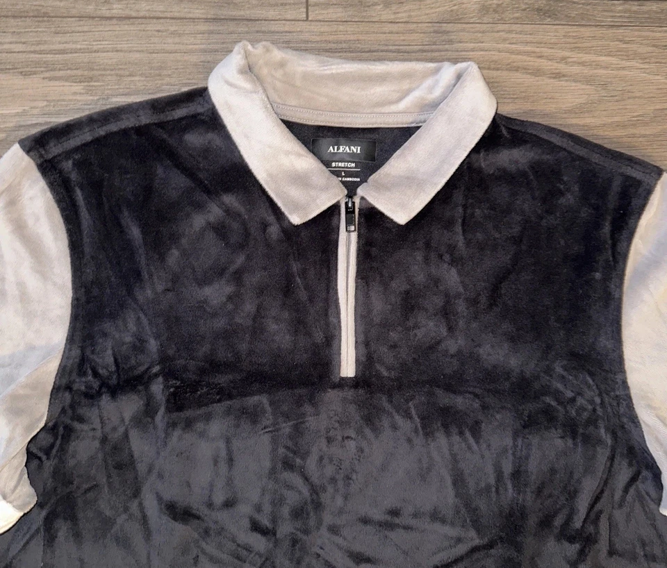 Alfani 1/4 Zip Short Sleeve Suede Polo Shirt Mens L Large Black Gray Stretch Fit - Image 4 of 4