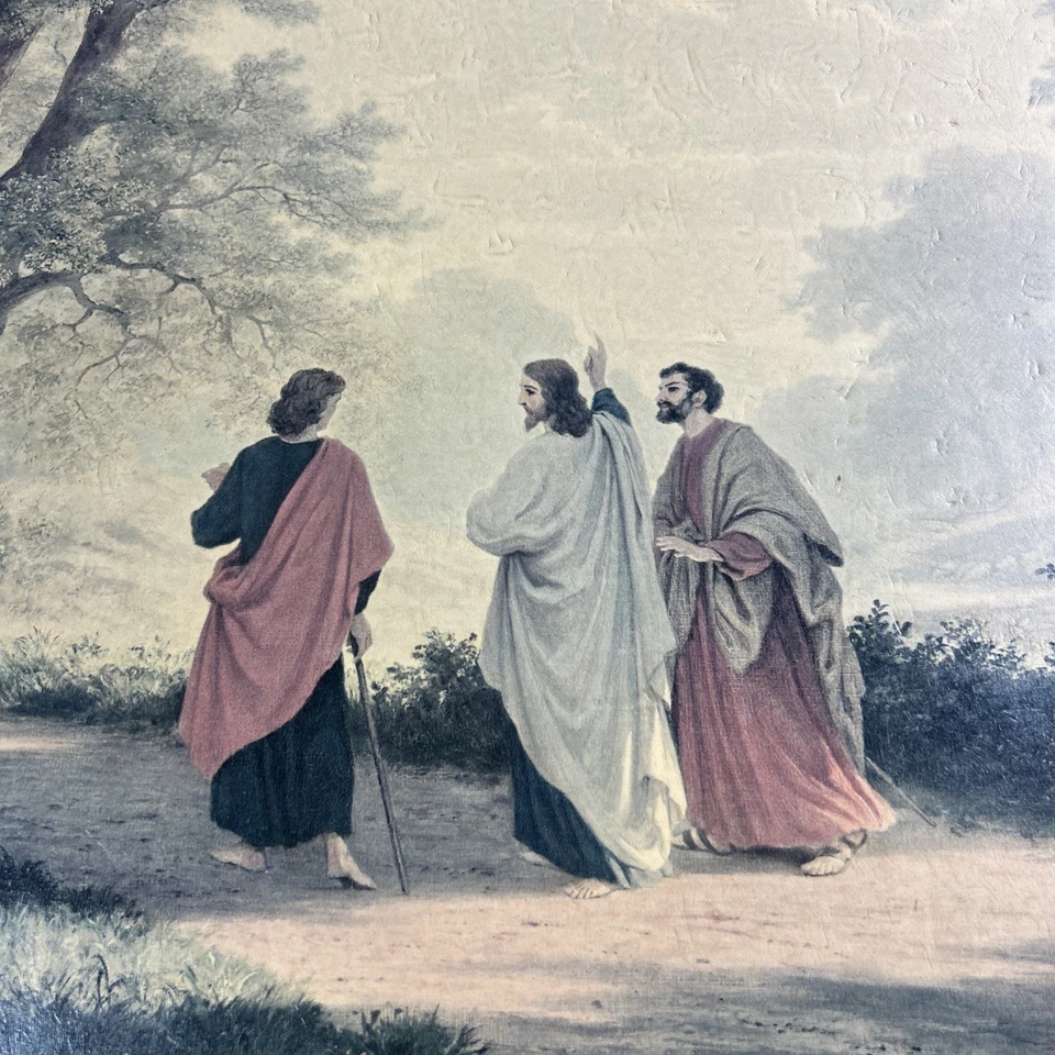 Vintage "The Road to Emmaus with Jesus Christ and Disciples" Art Print ✅ 27x34in - Image 4 of 4