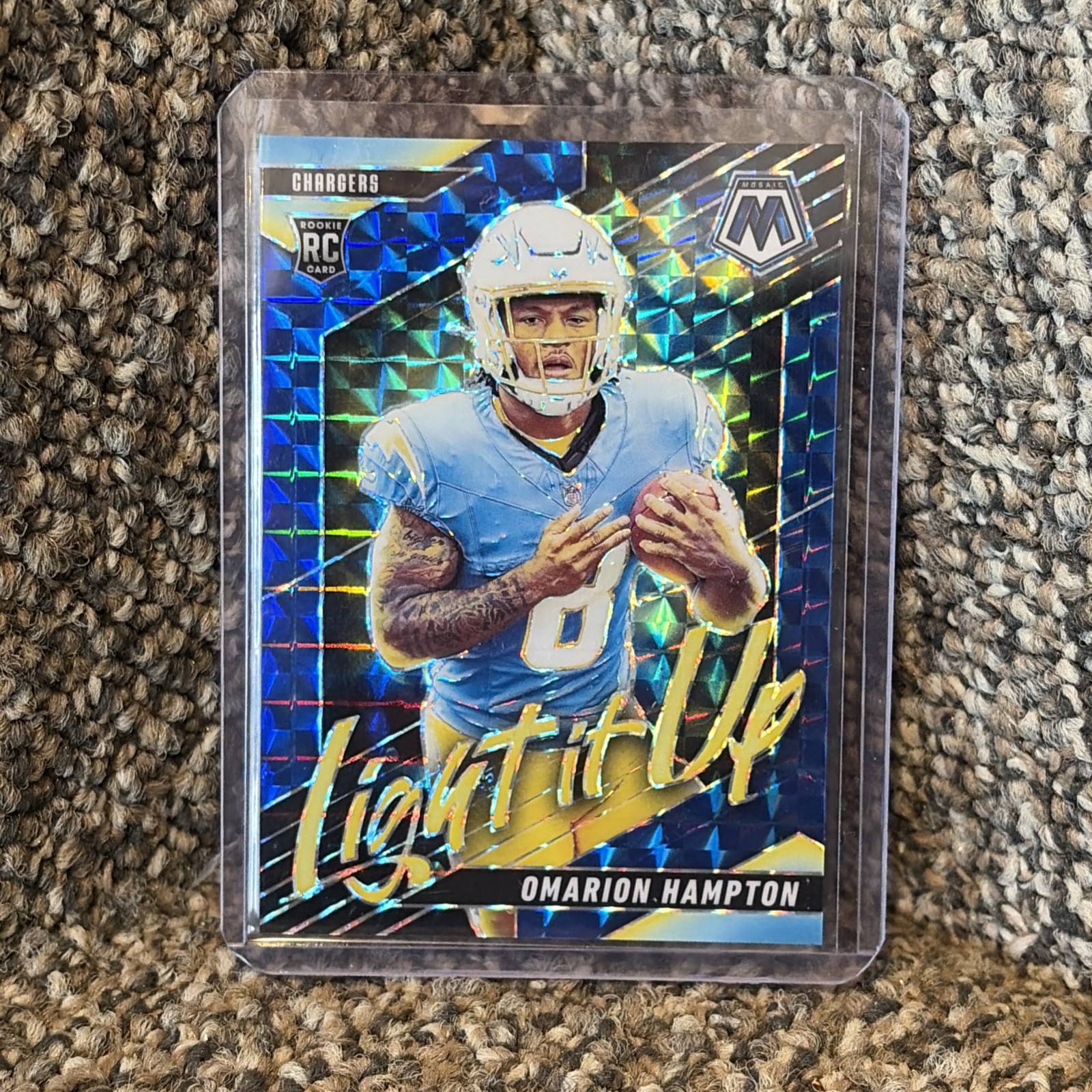 2025 Panini Mosaic - Light It Up Omarion Hampton #12 Blue Mosaic /99 Chargers SP